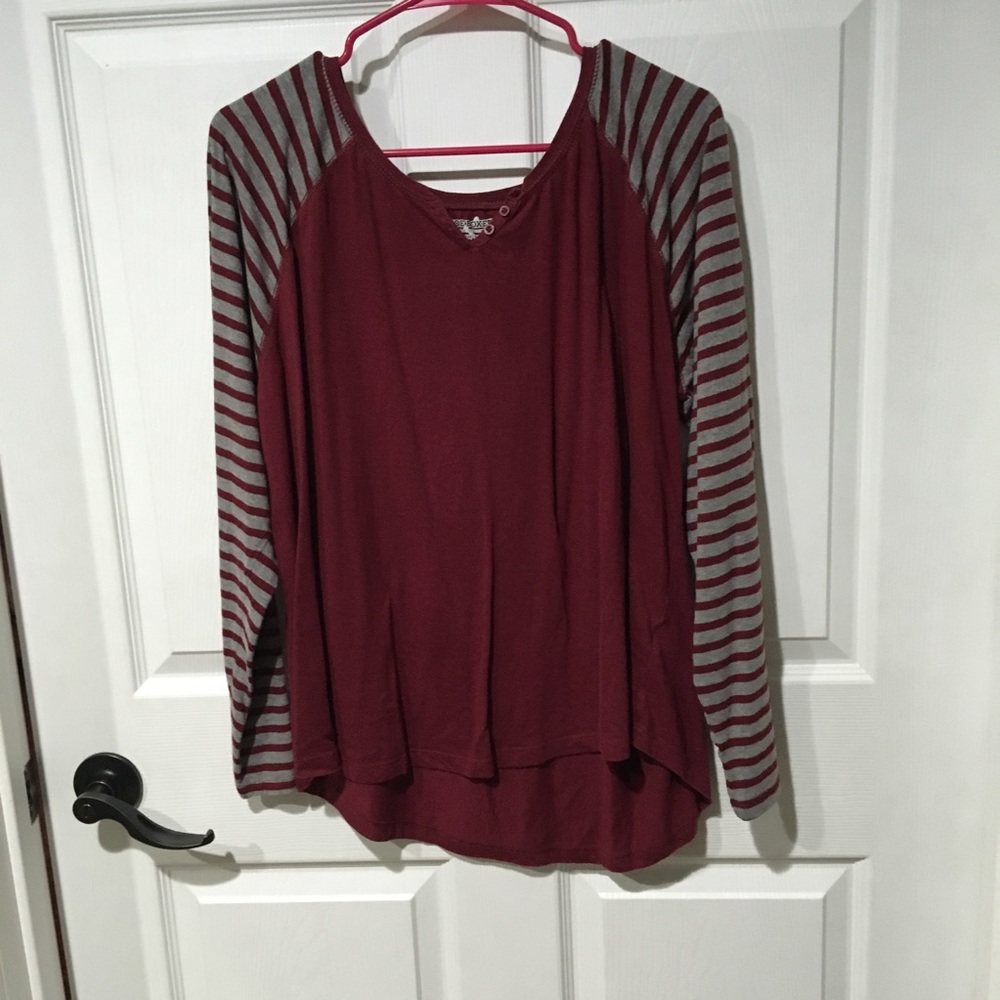 Striped Maroon and Grey Long Sleeved T-Shirt.